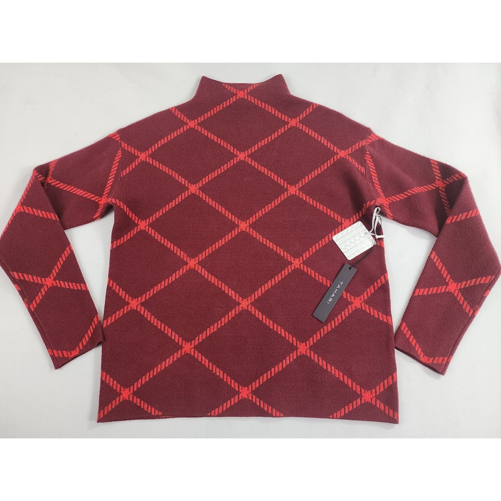 Elie Tahari women sweater red high neck check sz XS $98